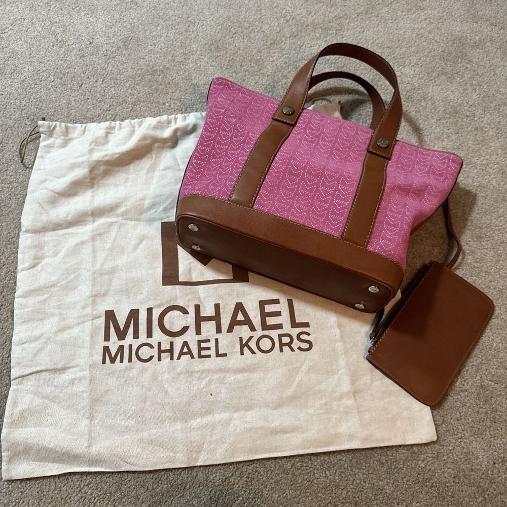 MICHAEL KORS Vintage Pink Suede Stitched Tote Brown Leather Trim Attached Pouch